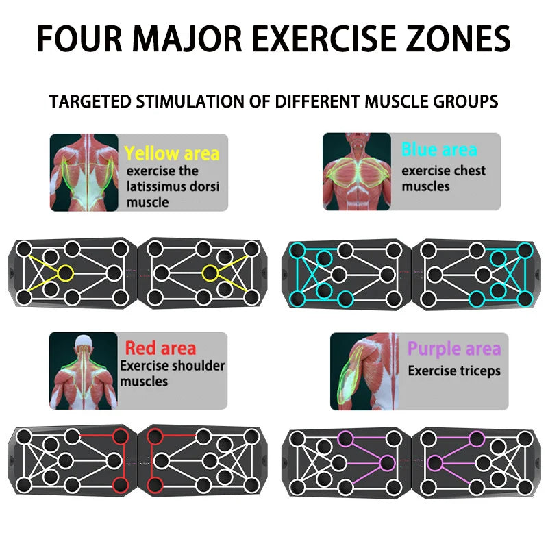 Gráfico mostrando quatro zonas de exercício para diferentes grupos musculares usando barra multifuncional para flexão em casa