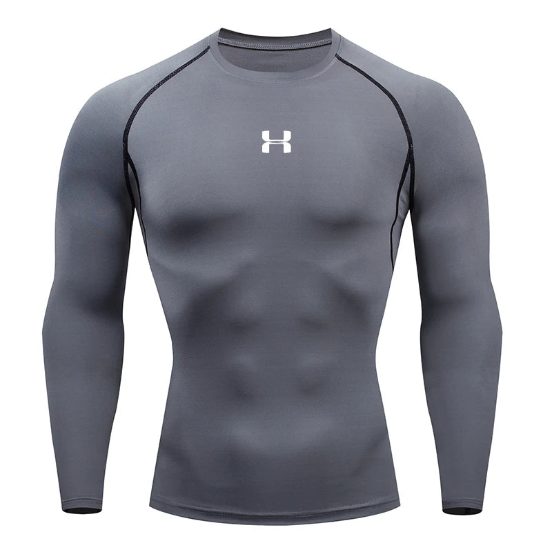 Camiseta esportiva manga longa para academia cinza ajustada com logo branco no peito da D Sports