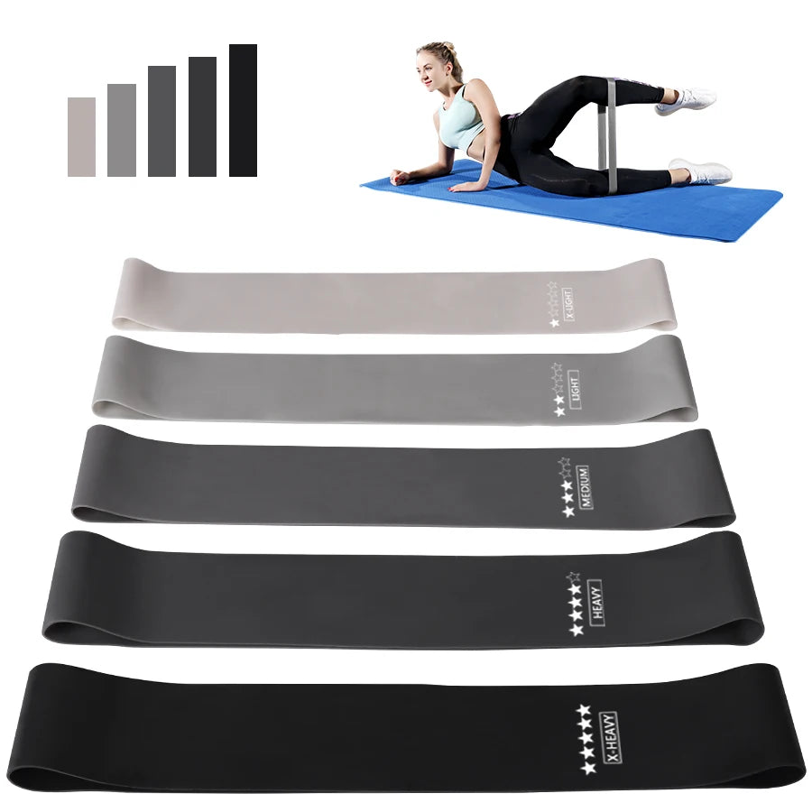 Faixa fitness para treinos em casa da D Sports com cinco níveis de resistência em cores variadas