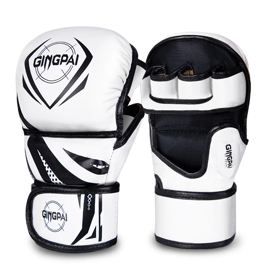 Luvas meio dedo MMA profissionais brancas e pretas da D.Sports com suporte reforçado e design ergonômico