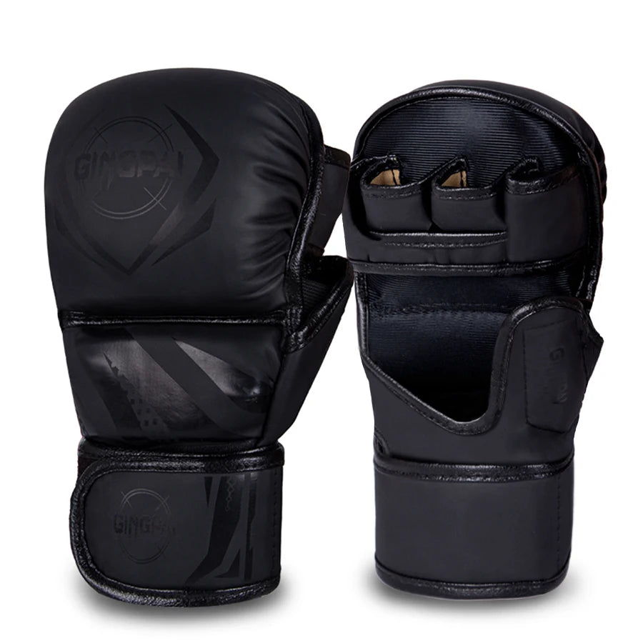Luvas meio dedo MMA profissionais em couro preto com proteção reforçada e fechamento em velcro