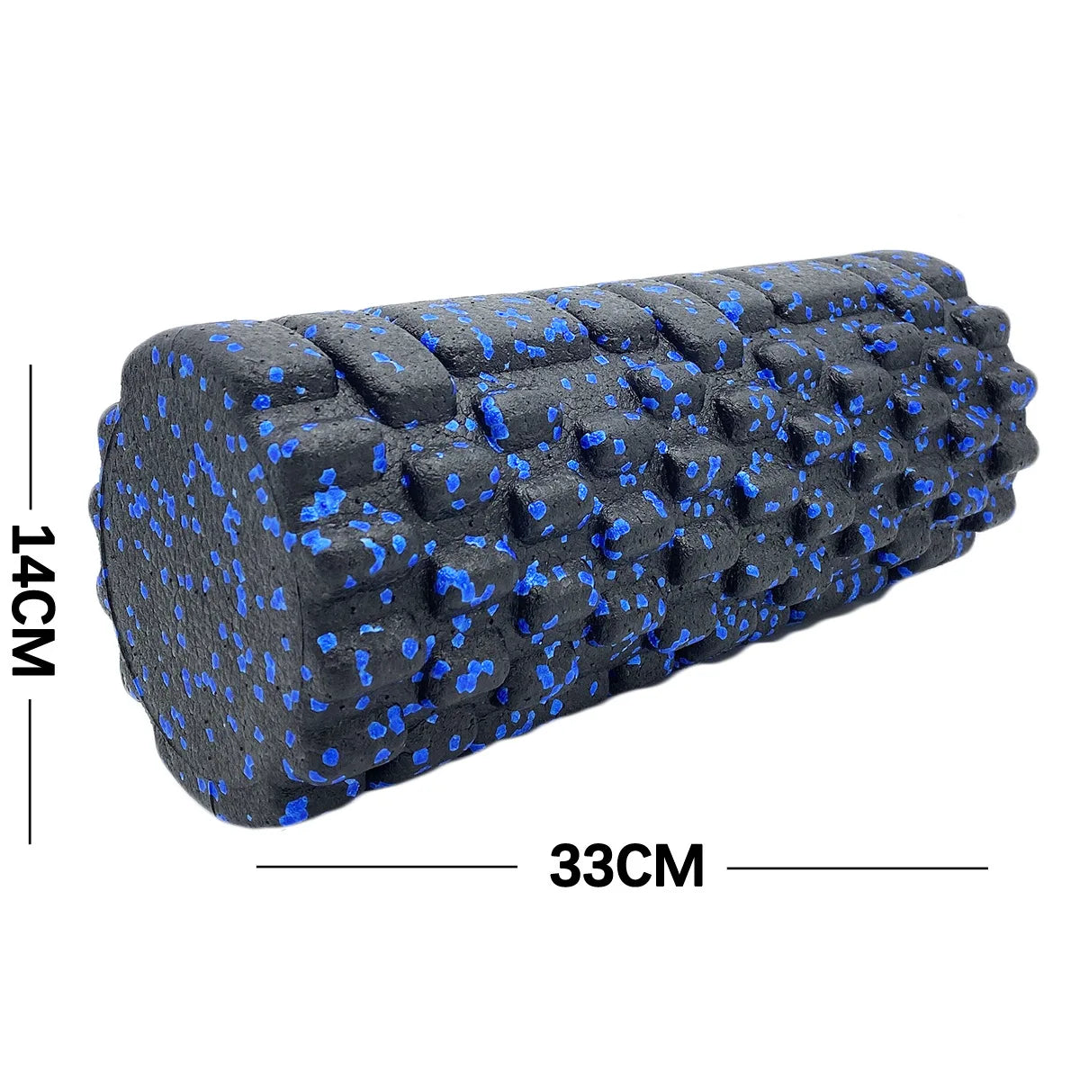 Rolo fitness para alívio de dores musculares preto com pontos azuis, 33cm de comprimento e 14cm de diâmetro