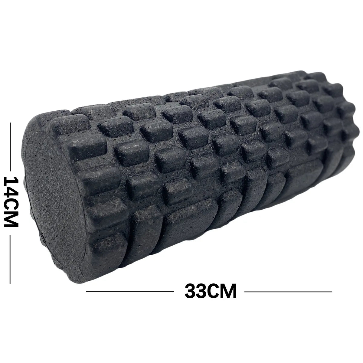 Rolo fitness para alívio de dores musculares em espuma preta com textura para massagem