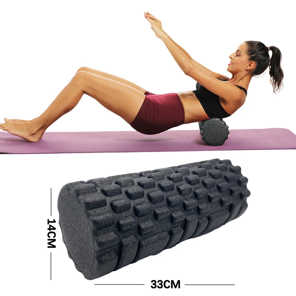 Rolo fitness para alívio de dores musculares em EVA preto com textura para massagem eficaz
