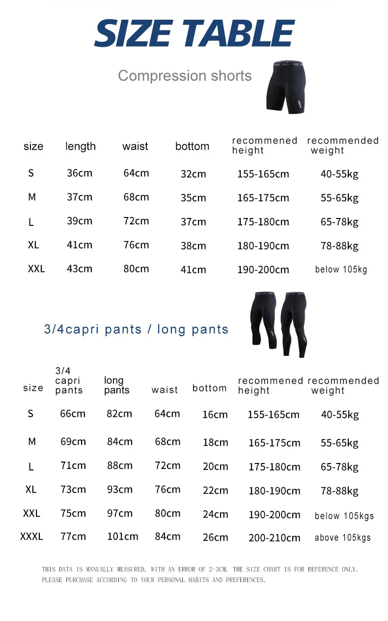 Tabela de tamanhos para calça de compressão masculina para treino com medidas de comprimento, cintura, e peso recomendado